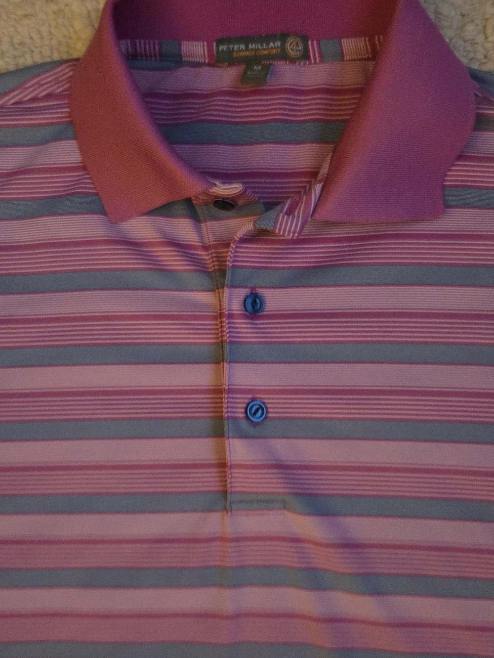 Peter Millar Summer Comfort Castle Pines Golf Polo Pink Gray Striped Medium